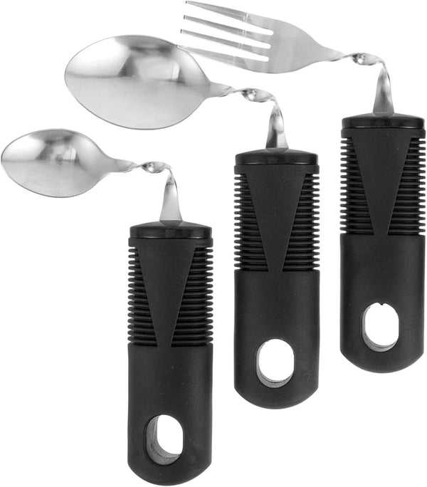 Beavorty Adaptive Utensils, 3pcs Curved Spoon Fork Set with Non-Handles for Elderly with Hand Tremors