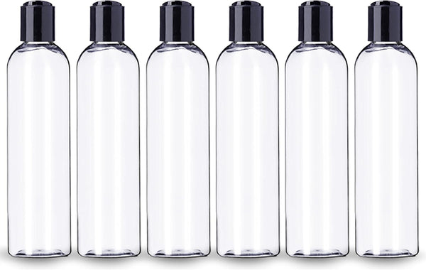 ljdeals 8 oz Clear Plastic Empty Bottles with Black Disc Top Caps, Refillable Containers, Pack of 6, BPA Free