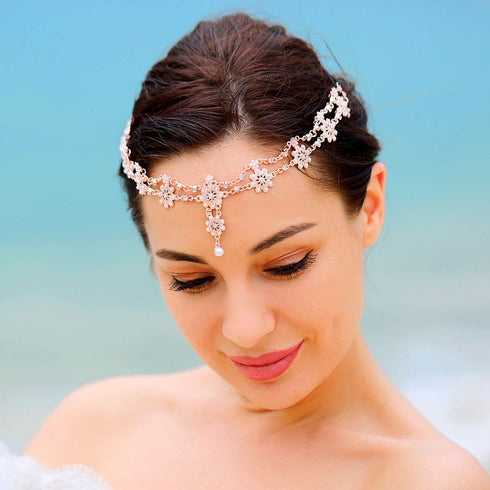 Unsutuo Hair Jewelry Head Chain, Wedding Bohemian Floral Headband Elastic for Women (Rose Gold)