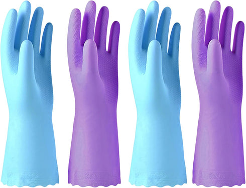 Alimat PluS Reusable Cleaning Gloves, 4PCS, Latex Free, Waterproof, Large, Blue+Purple, Dishwashing