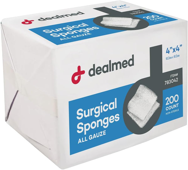 Dealmed 4" x 4" Surgical Sponges - 8-Ply Non-Woven Absorbent Gauze for Wound Care, 200 Count