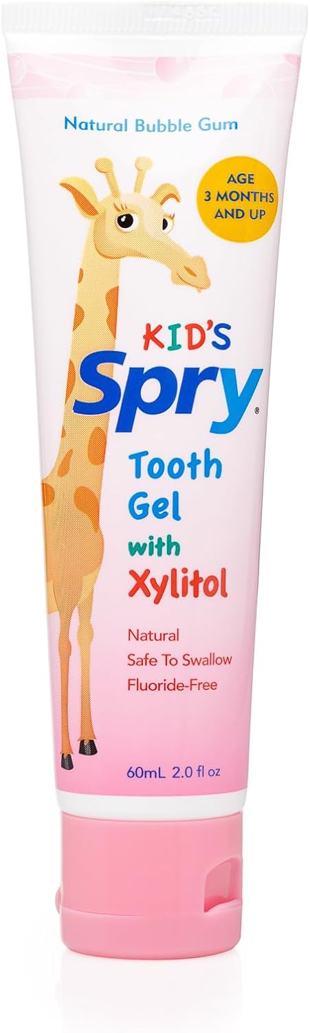Spry Natural Xylitol Toothpaste for Baby, Toddler, Kids Age 3 Months and Up - Fluoride Free, Bubble Gum, 2 Fl Oz (Pack