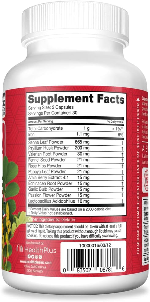 Health Plus Super Colon Cleanse Night Formula Digestive Support | Constipation Relief to Reduce Bloating with Probiotics and Valerian Root for Sleep | More than 1 Cleanse, 60 Capsules
