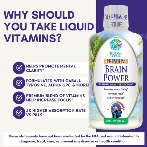 Tropical Oasis - Brain Power Liquid Nootropic Supplement for Mental Clarity, Focus, and Memory Retention (Unflavored,