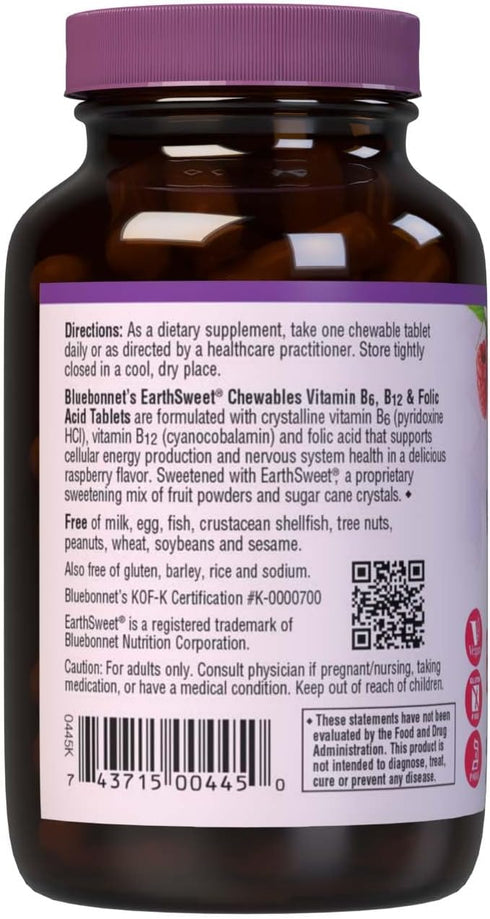 Bluebonnet Nutrition Earth Sweet Vitamin B6, B12, Plus Folic Acid Chewable Tablets, 60 Raspberry Flavor