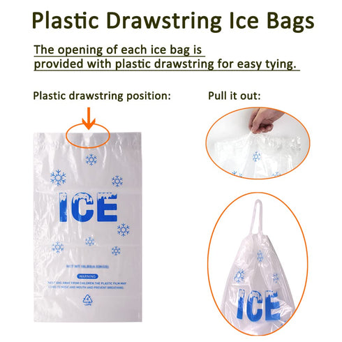 100 PACK 10 lb. Plastic Drawstring Ice Bags, 12 x 21 Inch Heavy-Duty Plastic Bags