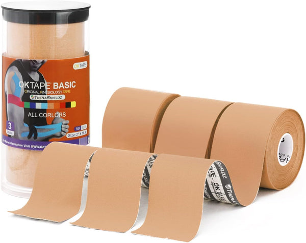 Basic Kinesiology Tape (3 Pack), Original Cotton Athletic Tape, 2in×16.4ft - OK TAPE, Beige