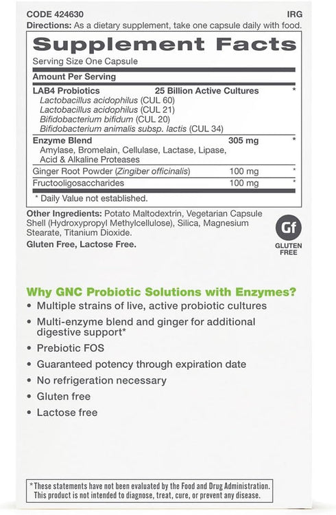 GNC Probiotic Solutions with Enzymes with 25 Billion CFUs, 30 Capsules, Daily Probiotic Support
