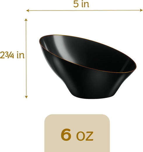 PLASTICPRO Angled Plastic Bowls, Disposable Small Black Serving Bowls with Gold Rim for Party Appetizer Salads, Pack of