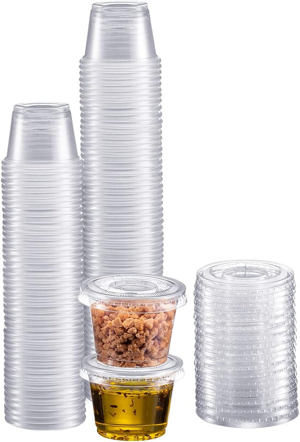 Portion Cups with Lids, 1 Ounce, 100 Pack Disposable Plastic Cups for Meal Prep, Salad Dressing, & Medicine