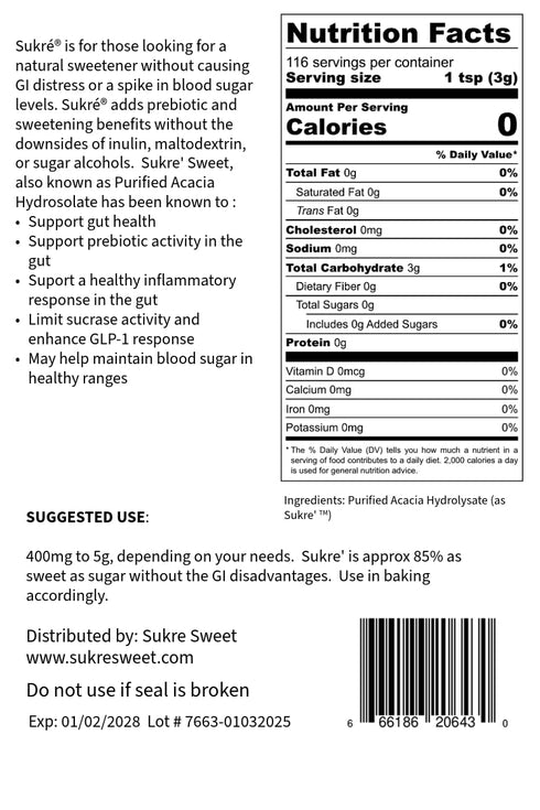 Sukre' Sweet Prebiotic Sweetener Powder - Acacia Hydrolysate