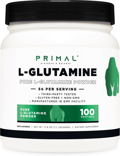 Primal L-Glutamine Powder (500 Grams, 100 Servings) | Pure Unflavored Glutamine Amino Acid for Sport & Workout Support
