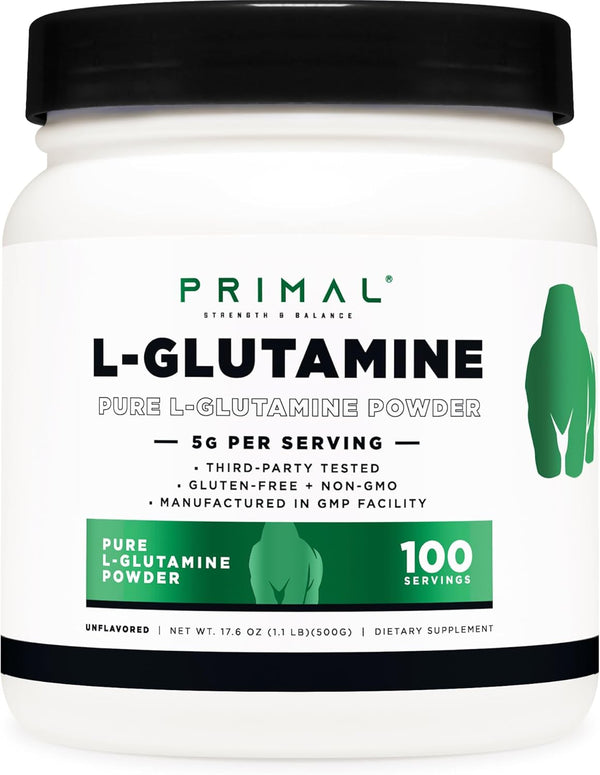 Primal L-Glutamine Powder (500 Grams, 100 Servings) | Pure Unflavored Glutamine Amino Acid for Sport & Workout Support