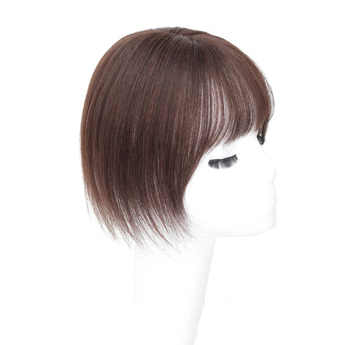 Middle Part Silk Base Human Hair Topper - 7x10cm Clip in Hairpiece with Wispy Fringe, Dark Reddish Brown