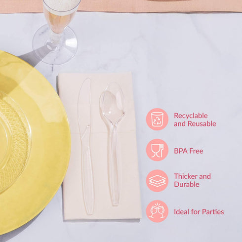 Prestee 100 Bulk Clear Plastic Spoons - Heavy Duty Disposable Silverware, Heat-Resistant Spoon Cutlery Set