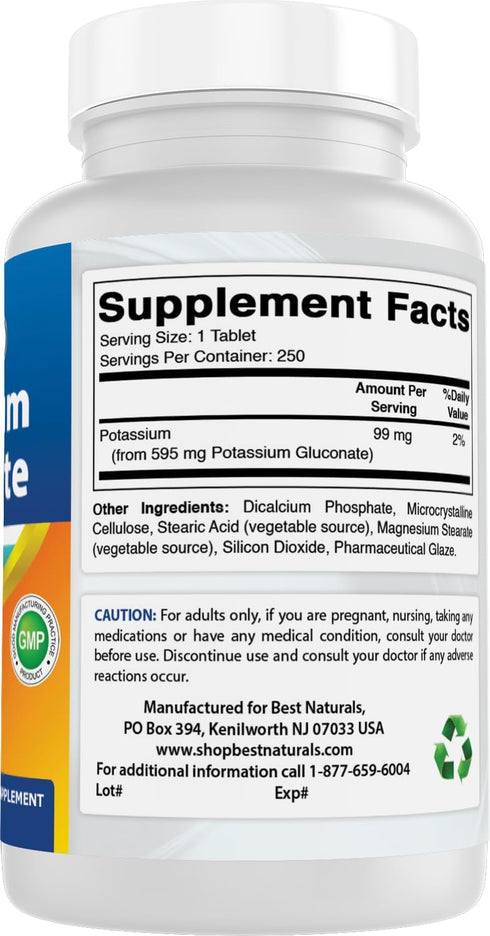Best Naturals 250 Count Potassium Gluconate Supplement 595 Mg Tablet
