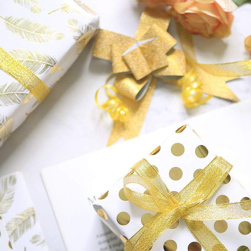Gift Wrapping Supplies, 8 Sheets White Gold Gift Wrapping Paper, 10 Pull Bows, 24 Yard Glitter Ribbon, 12 Thank You