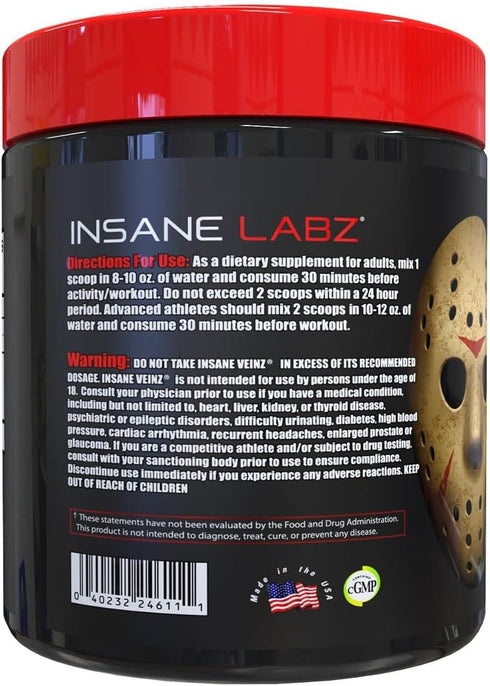 Insane Labz Insane Veinz Non Stimulant NO Enhancing Powder, Nitric Oxide Booster with Agmatine Sulfate, 35 Servings