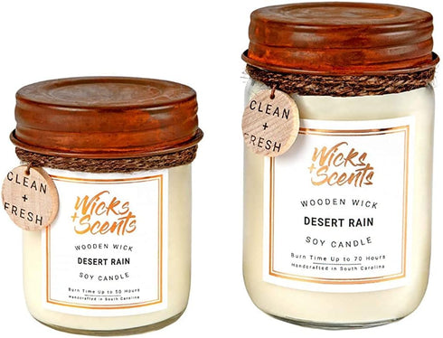 Wicks + Scents Desert Rain Wooden Wick Soy Candle - 12 oz Recycled Glass Jar