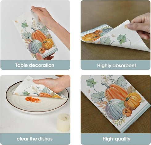 Horaldaily 50 Fall Disposable Paper Decorative Guest Napkins, Thanksgiving Pumpkin Hand Towel for Parties