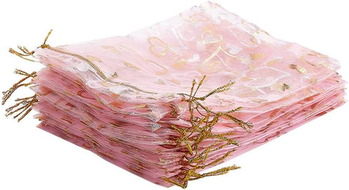 PH PandaHall 5x7 Inches Heart Organza Bags, 100pcs Pink Gift Bags for Jewelry and Wedding Favors