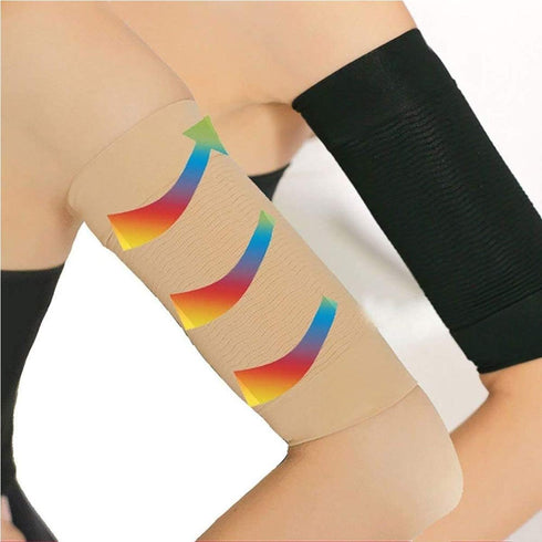 2-in-1 Women's Elastic Compression Arm Sleeves, Slimming Shapers for Weight Loss & Sport Fitness, Black + Nude