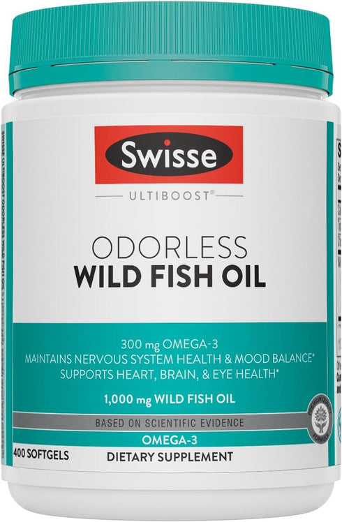 Swisse Omega 3 Fish Oil Supplement 1000mg - 400 Softgels for Heart, Brain & Eye Health, Sustainably Sourced Omega-3 DHA