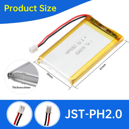 Qimoo 603959 3.7V 1500mAh 603959 Pack PH2.0mm Lipo Battery Rechargeable Lithium Polymer Battery with JST Connector