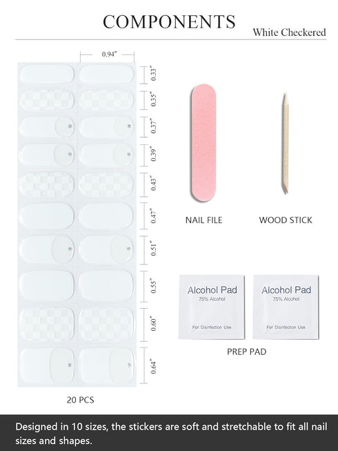 Semi Cured Gel Nail Strips, 20 PCS White Checkered Gel Nail Stickers, UV Light Required for Salon Quality