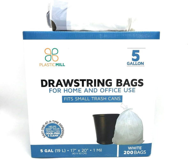 5 Gallon Drawstring Garbage Bags - White, 1 MIL, 17x20, 200 Bags