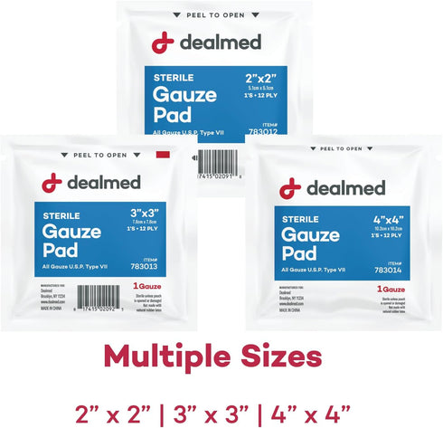 Dealmed 2’’ x 2’’ Sterile Gauze Pads, 100 Count, Disposable and Individually Wrapped for First Aid