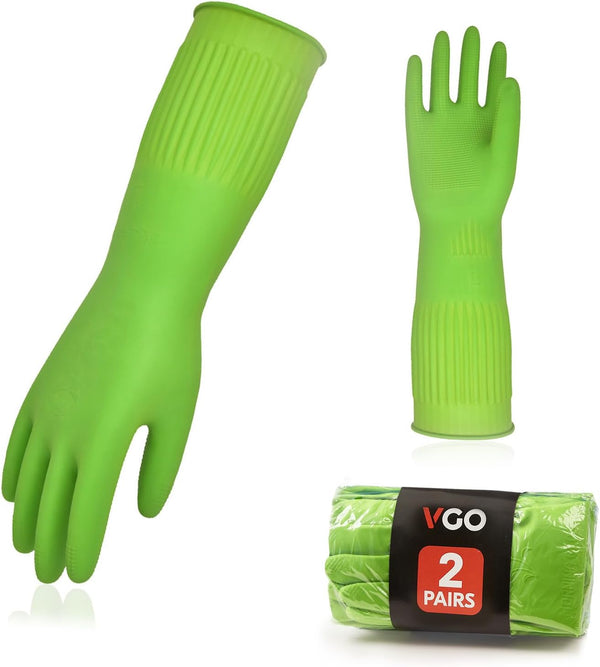 Vgo... 2-Pairs Dishwashing Gloves, Reusable Household Kitchen Gloves, Long Sleeve, Thick Latex for Cleaning and