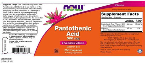 NOW Foods Pantothenic Acid 500 mg, 250 Capsules (3 Pack)