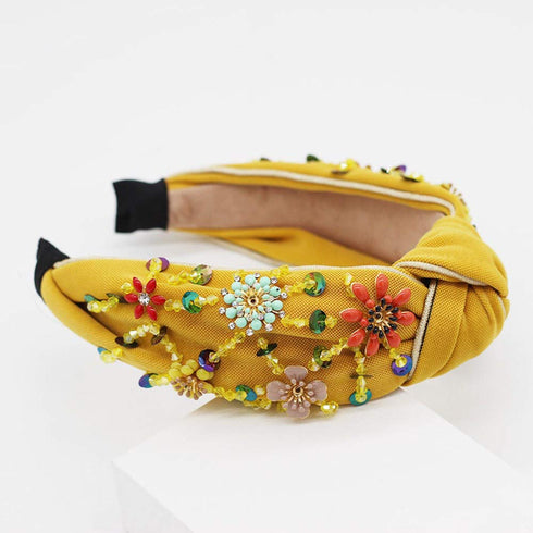 Rhinestone Crystal Wide Headbands Knot Turban Fashion Vintage Hairband Elastic Hair Hoops Hair Accessories for Women Girls (Yellow)
