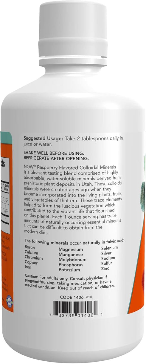 NOW Colloidal Minerals Liquid, Plant Derived Essential Trace Minerals, Raspberry, 32-Ounce
