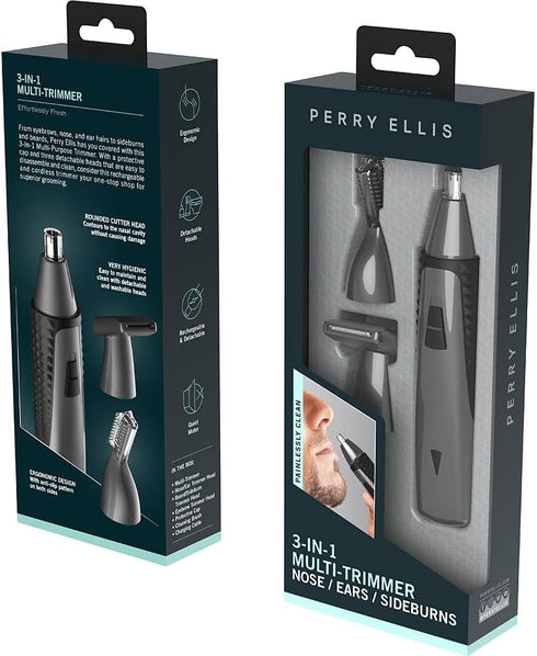 Perry Ellis Rechargeable Ear and Nose Hair Trimmer for Men, 3 Detachable Heads for Beard, Eyebrow, Nose, Ear Grooming