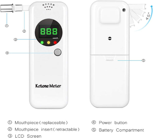 Ketosis Breath Tester, Ketone Meter Breathalyzer with 10pc Mouthpieces (White)