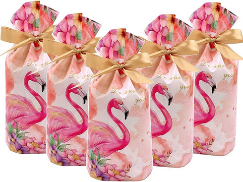 Elwish 24pcs Plastic Drawstring Flamingo Treat Bags for Birthday Party, Wedding, Baby & Bridal Showers