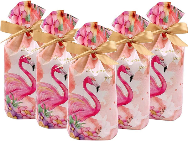 Elwish 24pcs Plastic Drawstring Flamingo Treat Bags for Birthday Party, Wedding, Baby & Bridal Showers