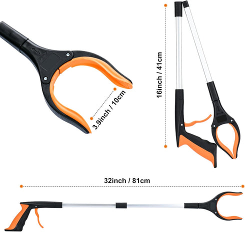 2-Pack Extra Long 32 Inch Grabber Reacher Tool, Foldable Pick Up Stick with Magnetic Grip, Trash Picker Tool (Orange)