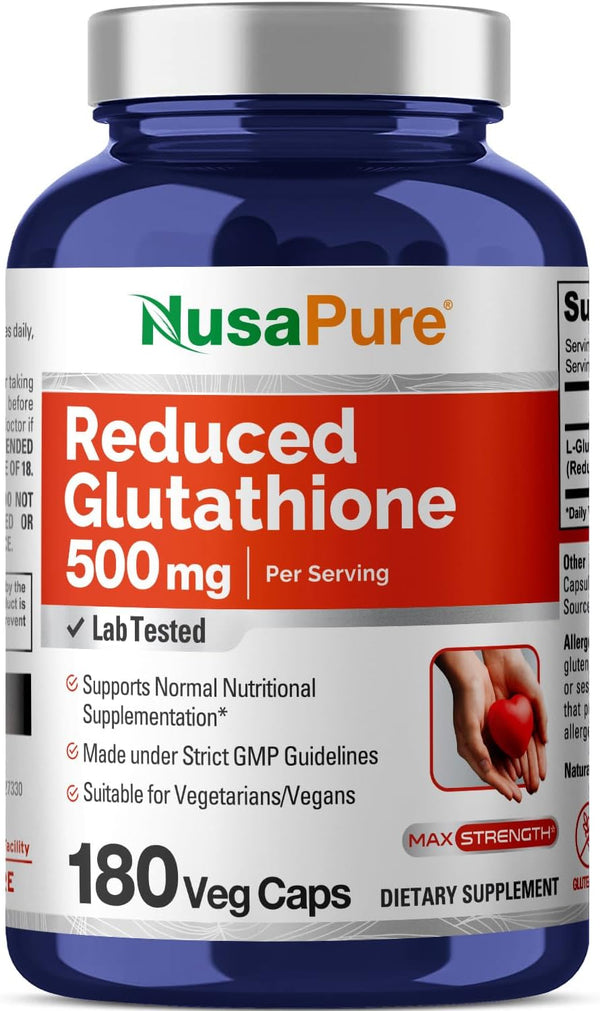 NusaPure Reduced Glutathione 500mg, 180 Veggie Capsules, Vegan & Non-GMO L-Glutathione Supplement