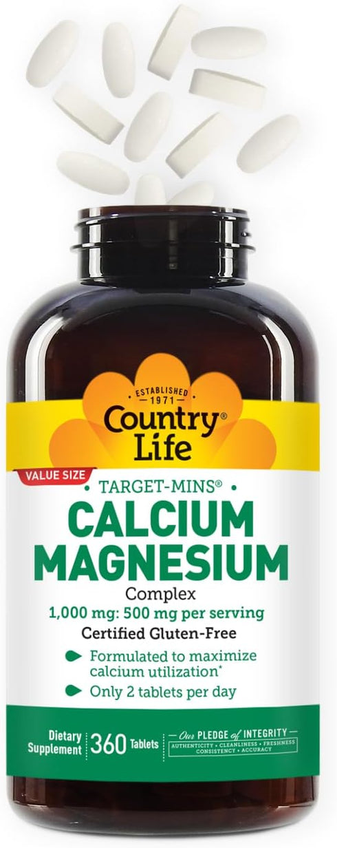 Country Life Target-Mins Calcium Magnesium Supplement for Bone Health, 1000mg Calcium, 500mg Magnesium
