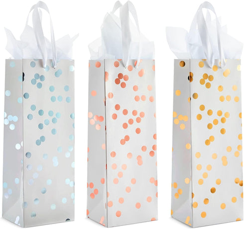 Set Pack 12-13.8x5x4 3 Sparkle and Bash Wine Gift Bags - Polka Dot Foil Style & Assorted Wine Bags for Gifts - Complete