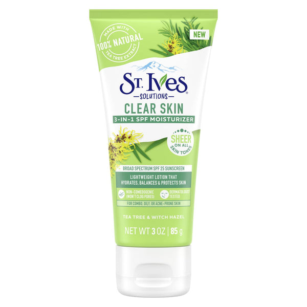 St. Ives 3-in-1 Clear Skin Lotion - SPF 25 Face Moisturizer for Acne Prone, Oily, or Combo Skin, 3 Fl Oz