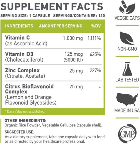 C D Z | Vitamin C, 1000mg | Vitamin D3, 125mcg | Zinc, 25mg | 120 Vegetarian Capsules, Non-GMO & Gluten Free