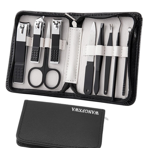 Men's Nail Grooming Kit, 9-Piece Manicure Set, Black Travel Nail Care Kit for Women, Clippers, Tweezers, Trimmers