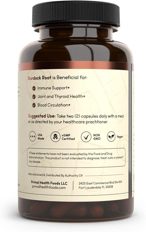 Organic Burdock Root Capsules 1000 mg, 60 Servings for Circulation, Blood, Immune, Thyroid, Skin, Joint Support