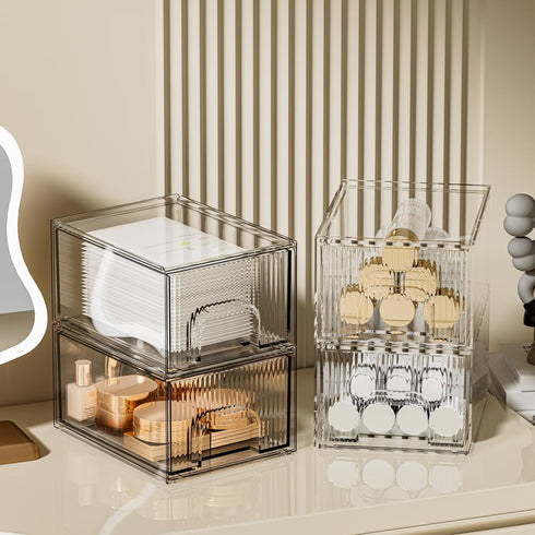 ZHIAI 4 Pcs Makeup Organizer Drawers, Stackable Stripes Bathroom Organizers for Vanity and Kitchen Cabinets