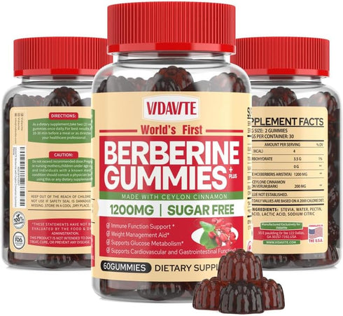 Berberine Supplement 1200mg with Ceylon Cinnamon Gummies — Sugar-free, 98% Pure & 10x Absorption for Weight Loss,