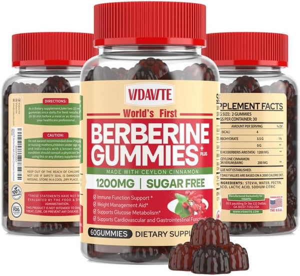 Berberine Supplement 1200mg with Ceylon Cinnamon Gummies — Sugar-free, 98% Pure & 10x Absorption for Weight Loss,